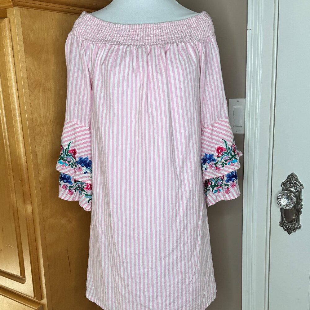 Gently Used Pink/White Off the Shoulder Lined Dress, Ruffled Sleeves, Size PM